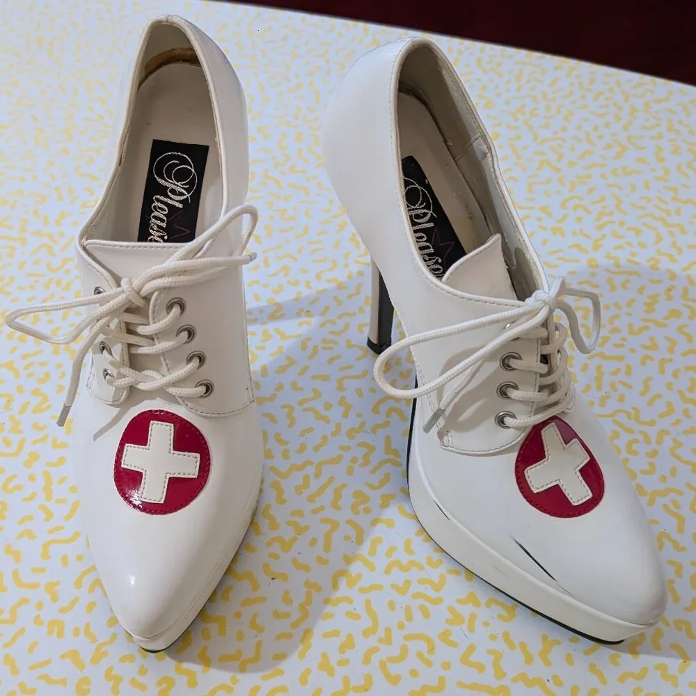 Pleaser Indulge White Patent Nurse Platform Booties 7 - Picture 2 of 10